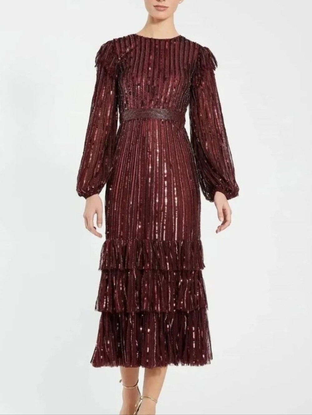 NWT $698 Authentic Mac Duggal Long Sleeve Ruffle Detail Sequin Midi Dress Sz 18